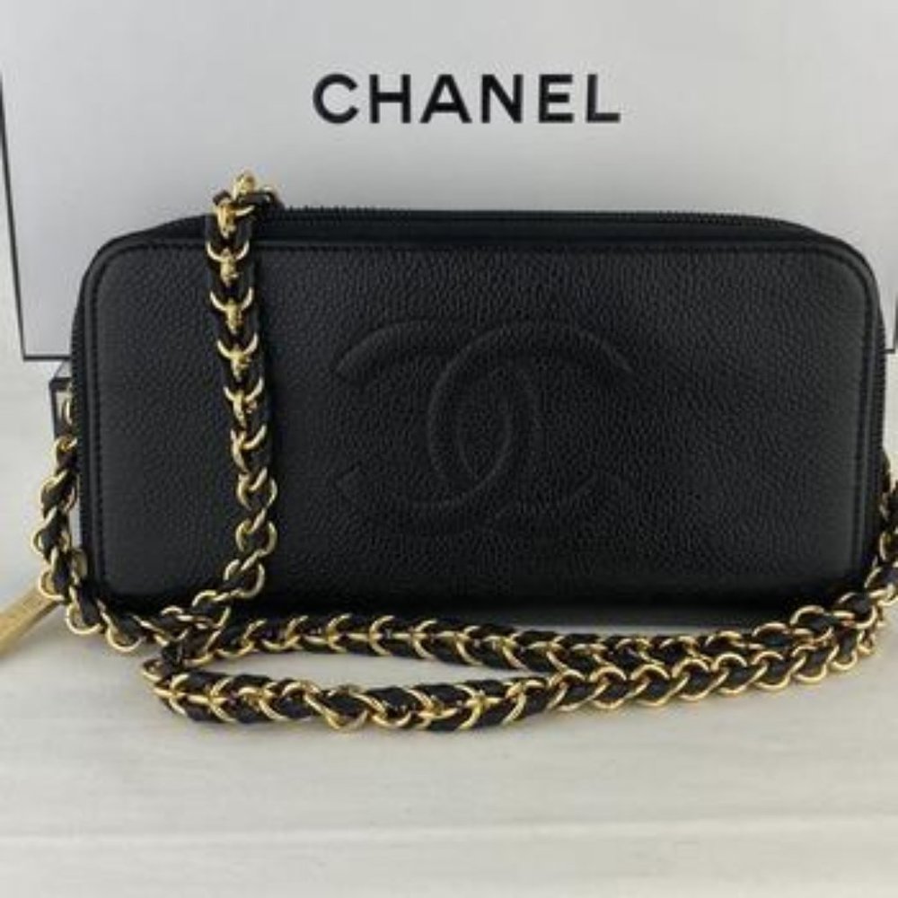 CHANEL Caviar Leather Wallet on Double Weave Chain